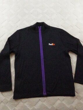 Vintage FedEx Zip Up Work Sweater Mens Medium Black with Purple Trim Stan Herman